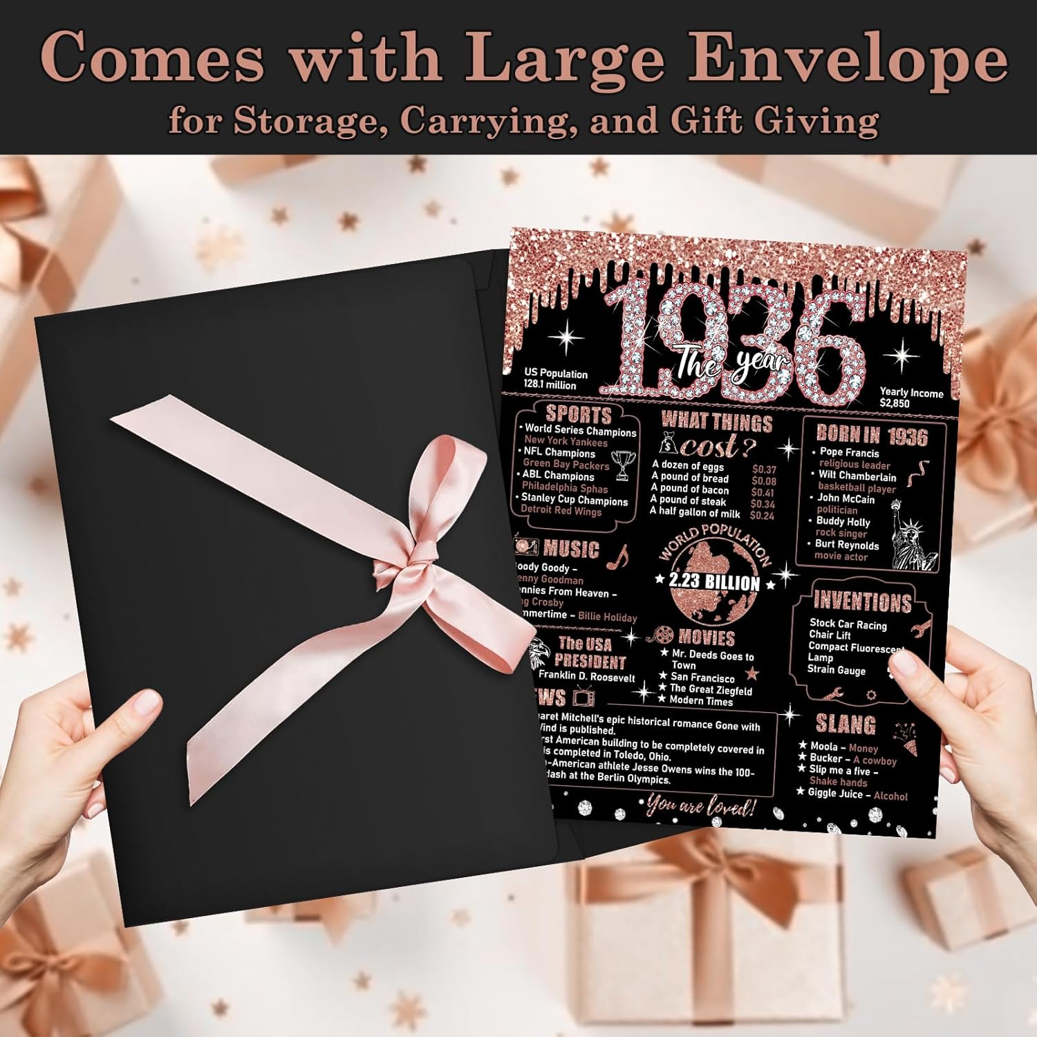 Large 90Th Birthday Card For Women With Envelope, Black Rose Gold Happy 90Th Birthday Guest Book Gifts Jumbo Ninety Greeting Card Back In 1936 Decorations Party Supplies
