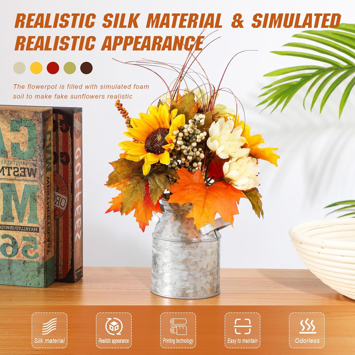 Sunflowers Artificial Flowers With Pot,Fake Potted Flowers With Sunflower Maple Leaf Berry Fall Faux Silk Flowers Sunflower Centerpieces For Tables Decor