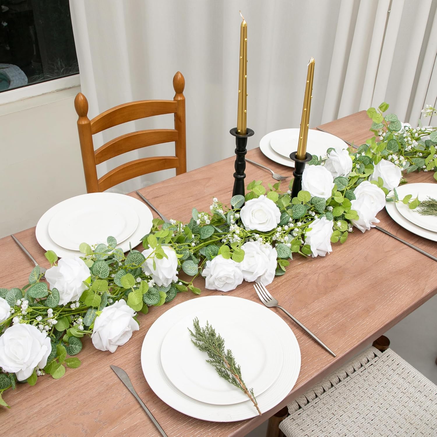 6Ft Artificial Eucalyptus Garland With Flowers, Fake Flower Rose Gypsophila, Faux Floral Greenery Garland For Wedding Spring Home Party Craft Art Table Runner Decor