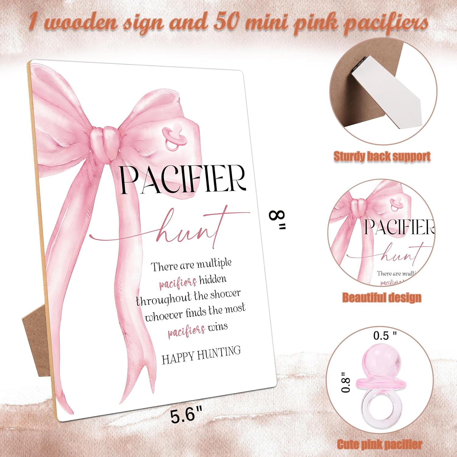 51 Pcs Pacifier Hunt Baby Shower Game, Include 1 Wood Sign And 50 Pacifiers, Pink Bow Theme Gender Reveal Games, Pink Baby Shower Decorations, Newborn Announcement Party Decor Supplies
