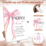 51 Pcs Pacifier Hunt Baby Shower Game, Include 1 Wood Sign And 50 Pacifiers, Pink Bow Theme Gender Reveal Games, Pink Baby Shower Decorations, Newborn Announcement Party Decor Supplies