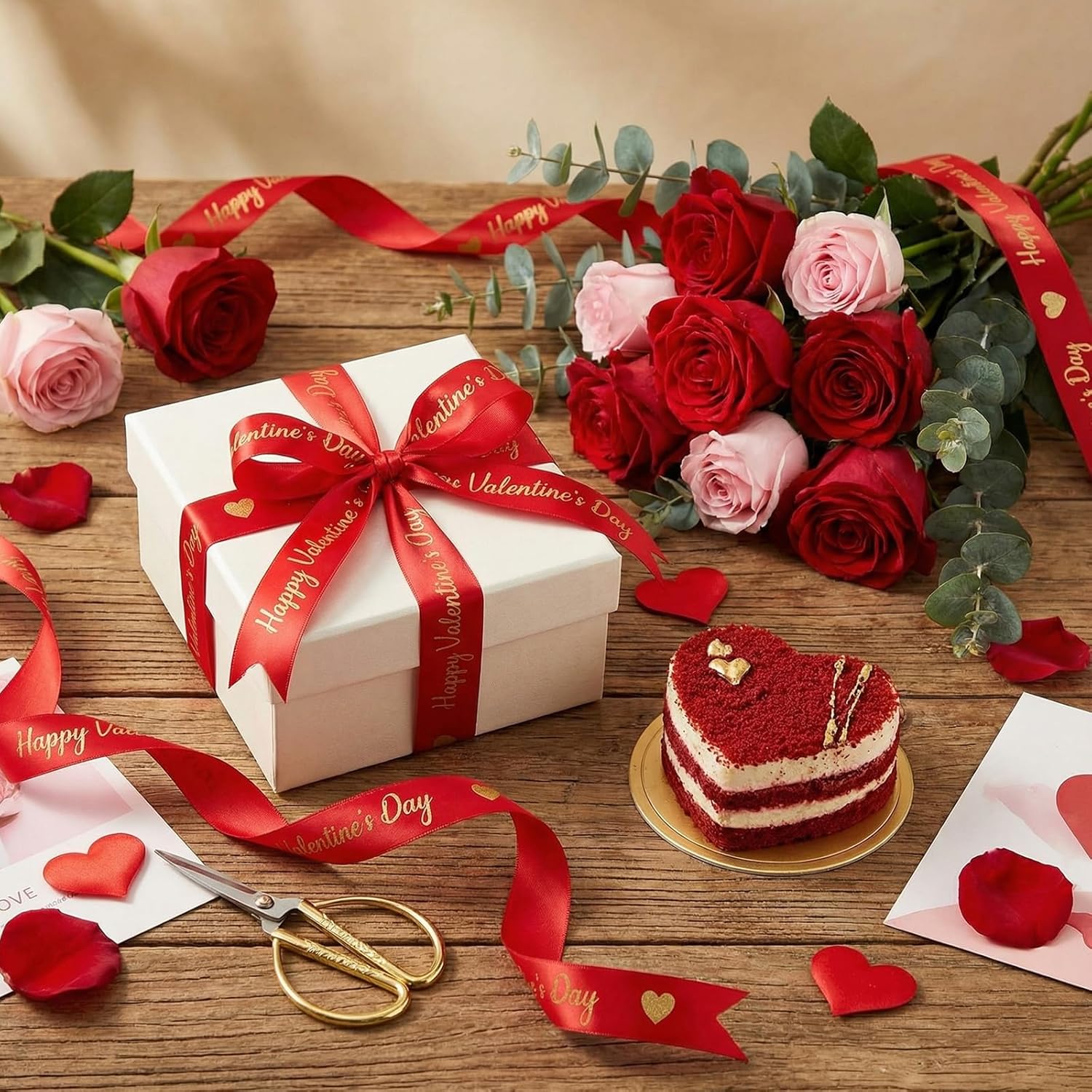 10 Yards Happy Valentine'S Day Ribbon Glitter Red Gold Heart Ribbon Craft For Hair Bow Wreath Crafts Gift Wrapping Flower Bouquet Anniversary Wedding Decor Birthday Party Supply(2 Inch)