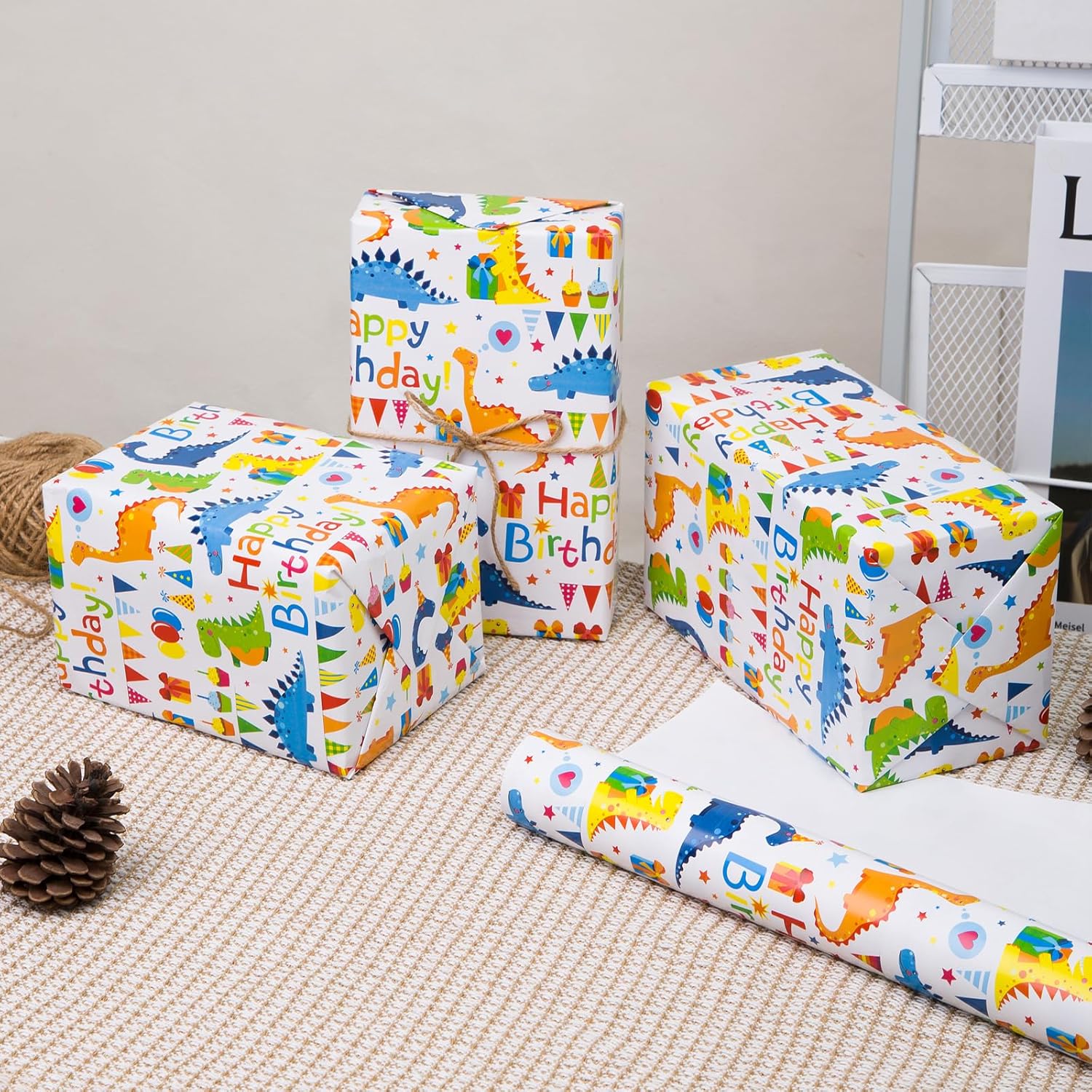 Dinosaur Birthday Wrapping Paper Roll - Mini Roll - 17 Inches X 50 Feet - Happy Birthday Wrapping Paper Kids Wrapping Paper Rolls Boy Dinosaur Gift Wrap Paper Dinosaur Party Favor Happy Bday Wrap