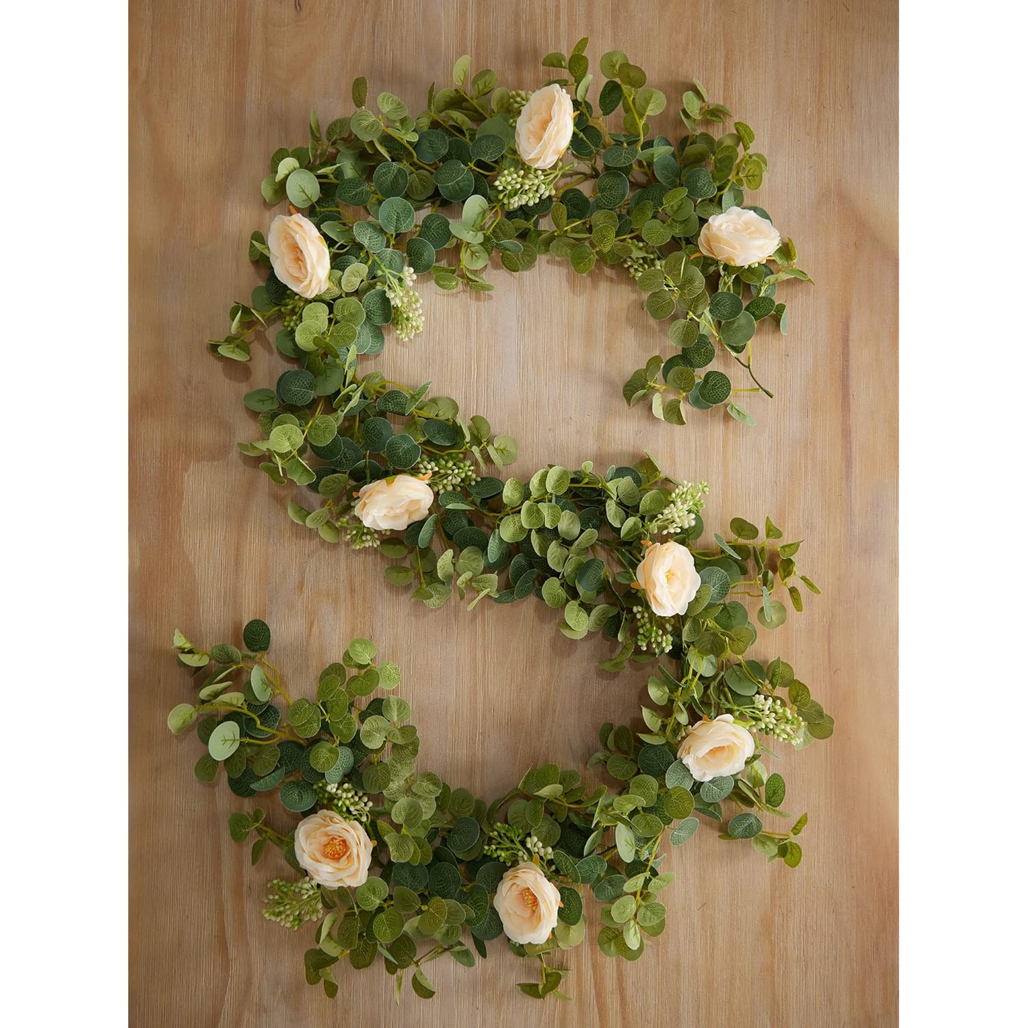 6.56Ft Eucalyptus Garland With Flowers-8 Champagne Roses-Lush,Natural Looking, Floral Garland Greenery For Party Wedding Table Indoor Outdoor Backdrop Wall Decor?Champagne,1?