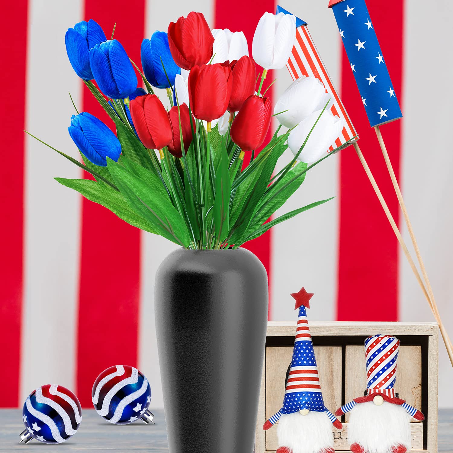 18 Pcs Patriotic Artificial Flower - Red, White, And Blue Artificial Tulips Fourth Of July Memorial Day Cemetery Flowers For Grave