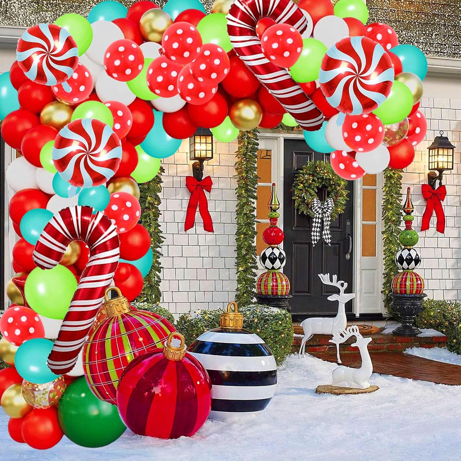 Christmas Balloon Garland Arch Kit - 150 Pack Set With Red, Green, White & Candy Cane Balloons For Party Decorations