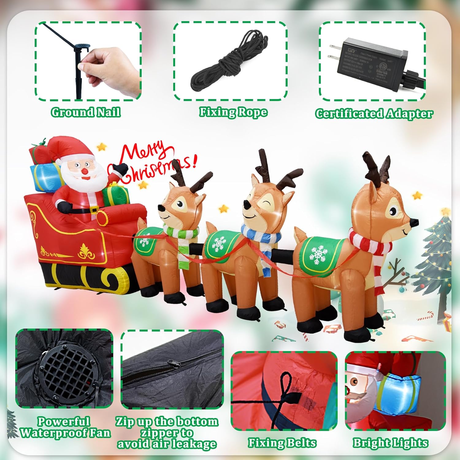 12 Ft Christmas Inflatables Outdoor Decorations Giant Blow Up Yard Decorations Inflatable Santa Claus On Sleigh And 3 Re