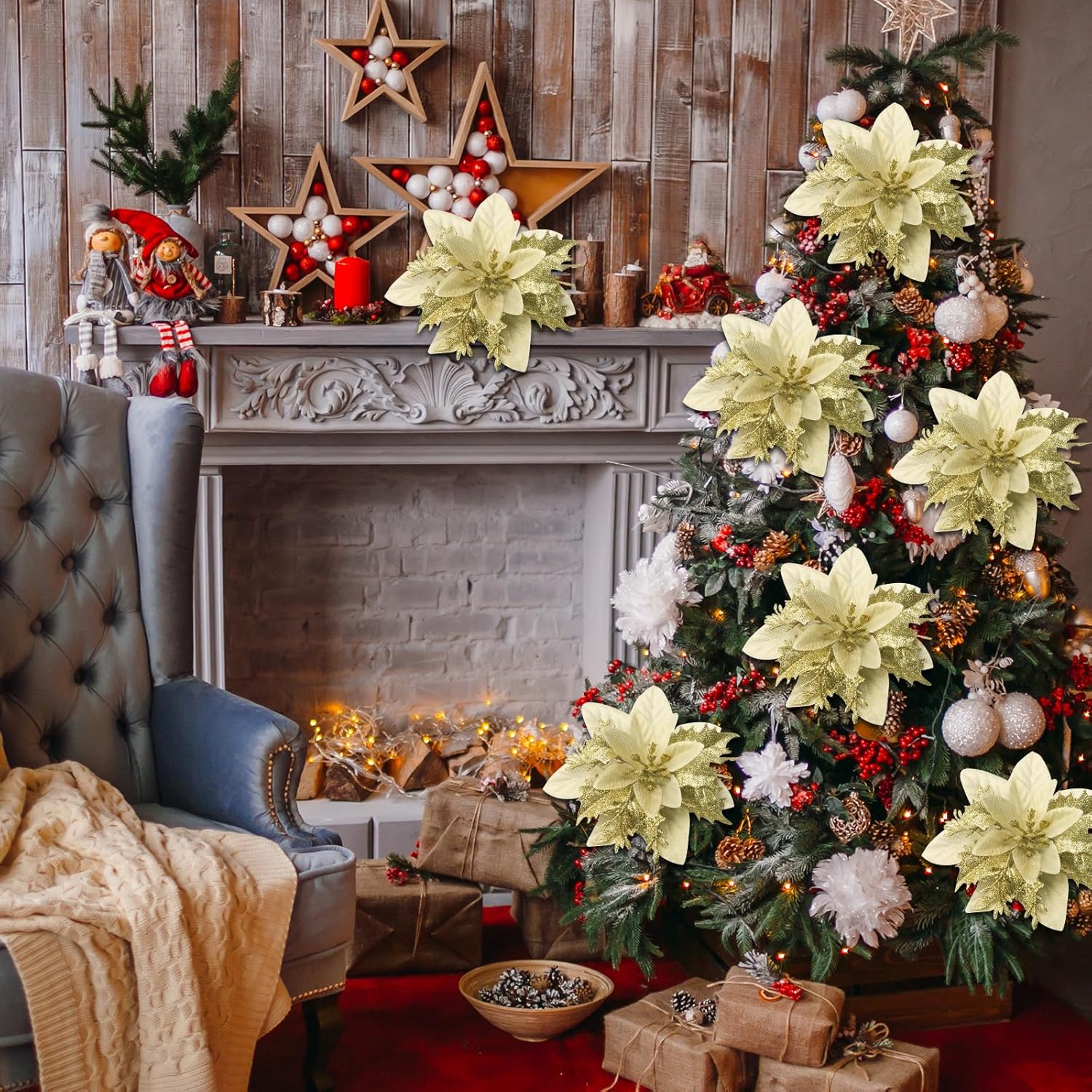 28Pcs Gold Poinsettia Flowers For Christmas Tree,Christmas Flowers Glitter Poinsettia Artificial Flowers Ornaments Christmas Tree Flower Decor With Clips For Xmas Tree Wreath Fireplace Stairs Decor