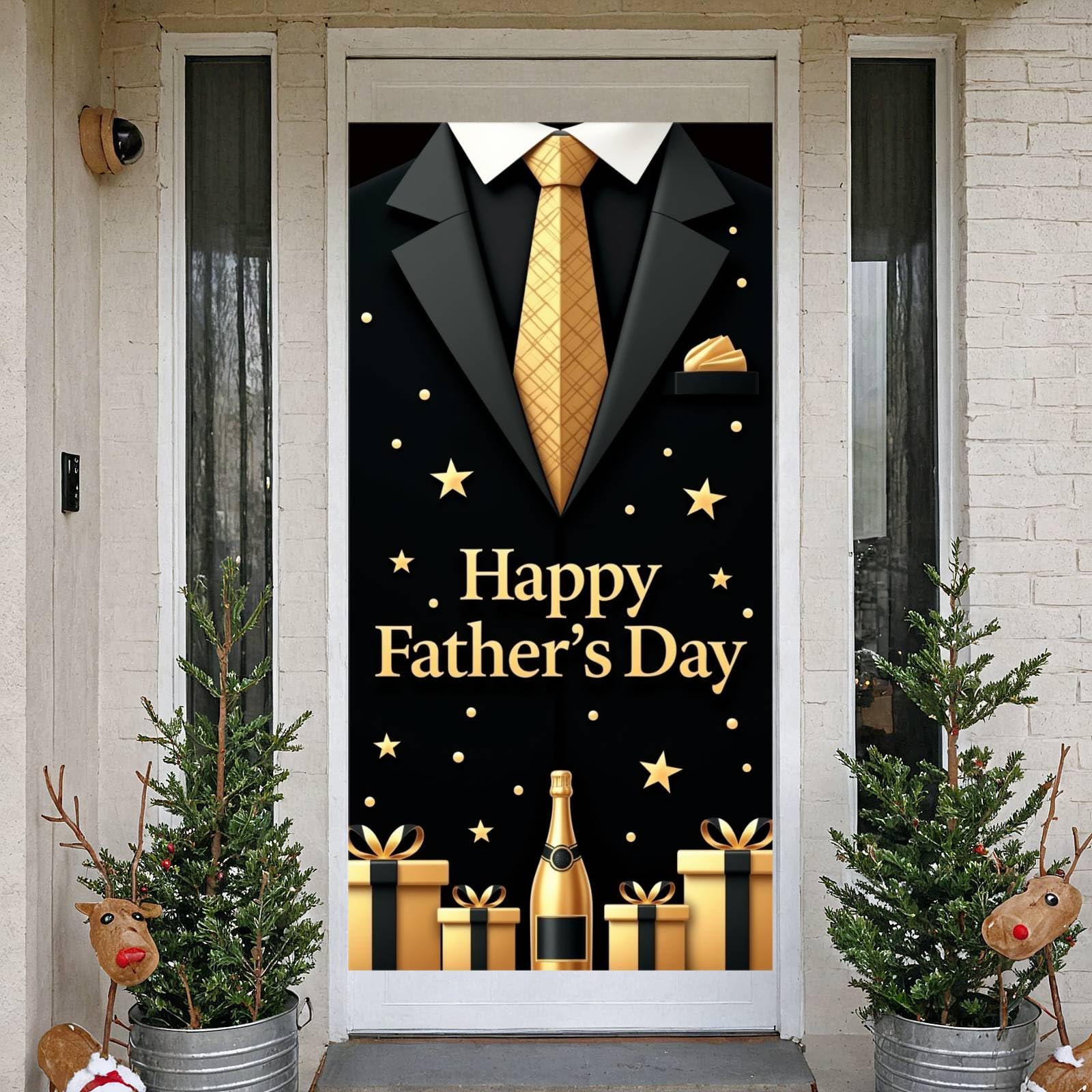 Happy Father's Day Door Cover Black Gold Suit Tie Banner Party Decorations 71x35 Inch Large Fabric Backdrop Background Sign for Indoor Outdoor Front Porch Men Dad Grandpa Celebration
