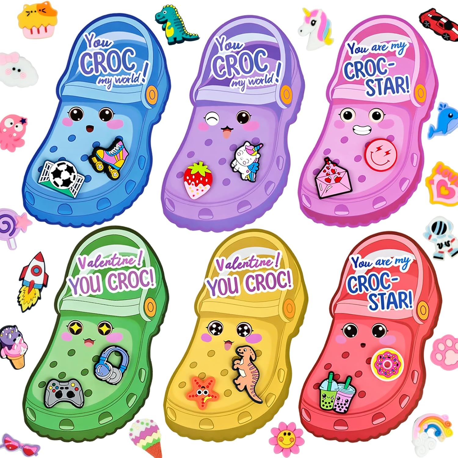 Valentines Day Cards For Kids School, 30Pcs Valentines Day Cards With 60Pcs Shoe Charms Bulk, Valentines Classroom Exchange Gifts For Kids Boys Girls School Party Favors