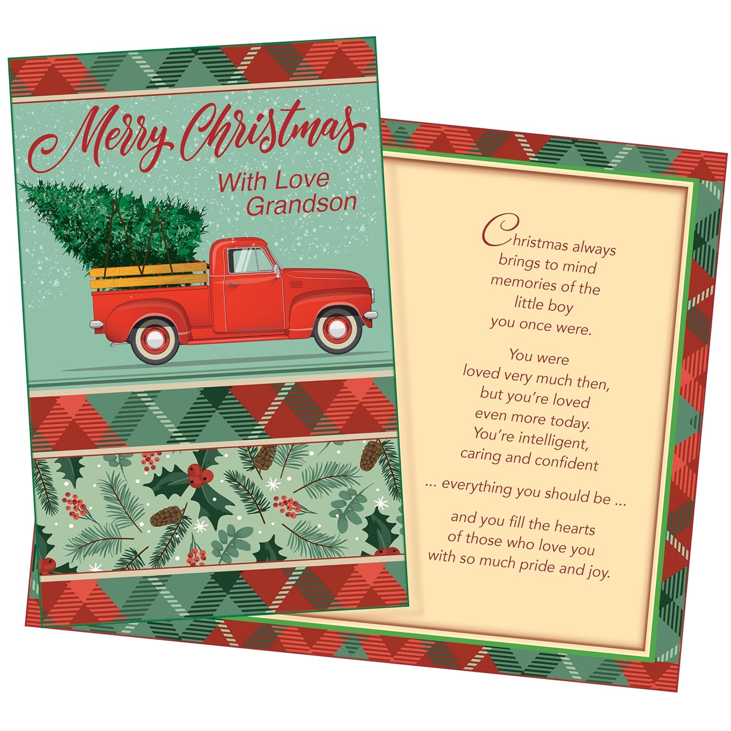 Grandson Christmas Card - Large Card Opens To 10" X 7.75" - Made In Chicago - Premium Envelope Included - Packaged In Extra Sturdy Mailer - Beautiful Vintage Art With Christmas Tree Truck - - 1003