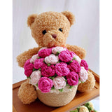 Crochet Rose Bouquet Artificial Flowers Vase Cute Plush Bear Kit Mothers Valentines Day Birthday Anniversary Personalized Thoughtful Romantic Love Gifts Home Decor Pink