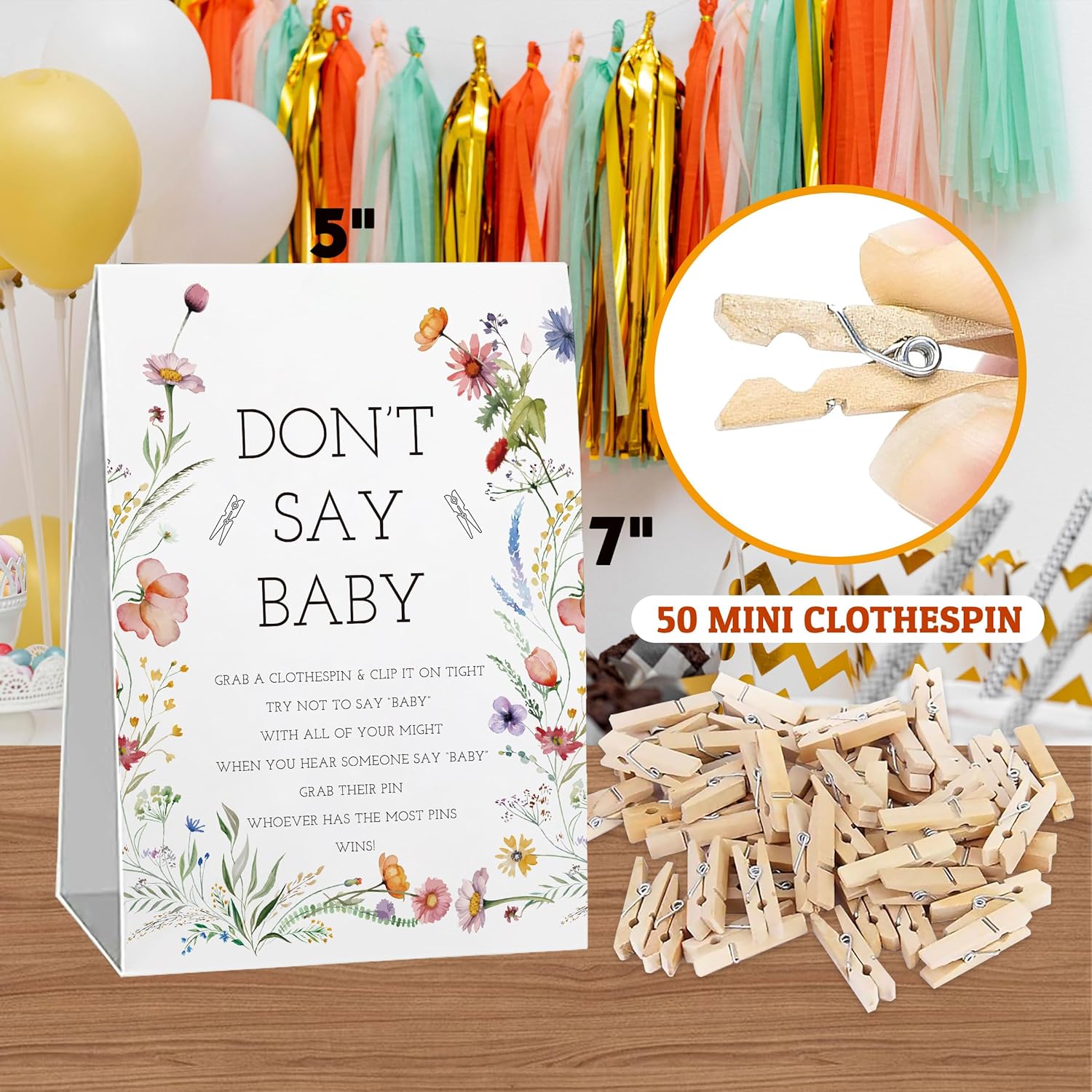 Fun Baby Shower Game, Don'T Say Baby Game For Baby Shower (One Sign With 50 Mini Clothespins), Floral Sign For Baby Shower, Baby In Bloom Decorations, Gender Reveal Game-Dsbb39
