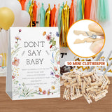 Fun Baby Shower Game, Don'T Say Baby Game For Baby Shower (One Sign With 50 Mini Clothespins), Floral Sign For Baby Shower, Baby In Bloom Decorations, Gender Reveal Game-Dsbb39