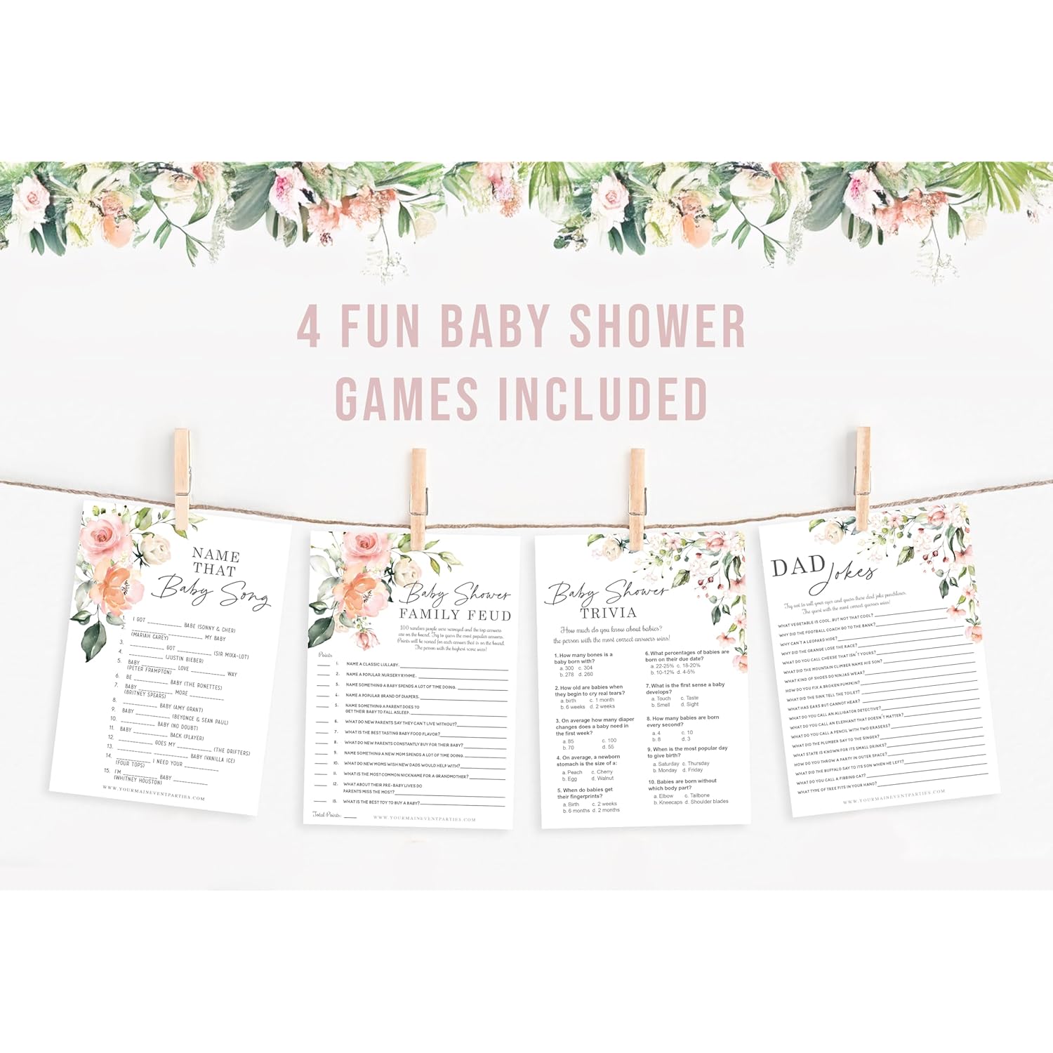 Floral Baby In Bloom Baby Shower Games, Fun Activities For 25 Guests(Trivia, Feud, Dad Jokes And Guess That Baby Song)