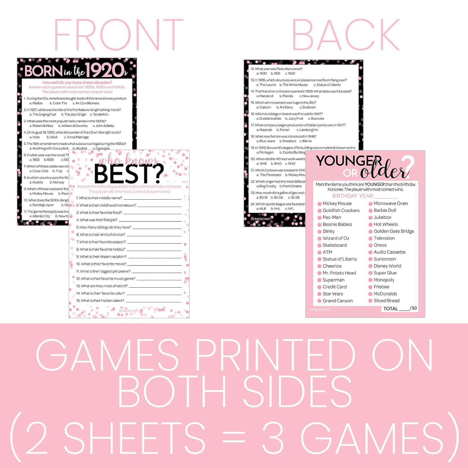 Pink And Black 100Th Birthday Game Bundle - Set Of 3 Birthday Party Games For 20 Guests, Born In The 1920S Theme