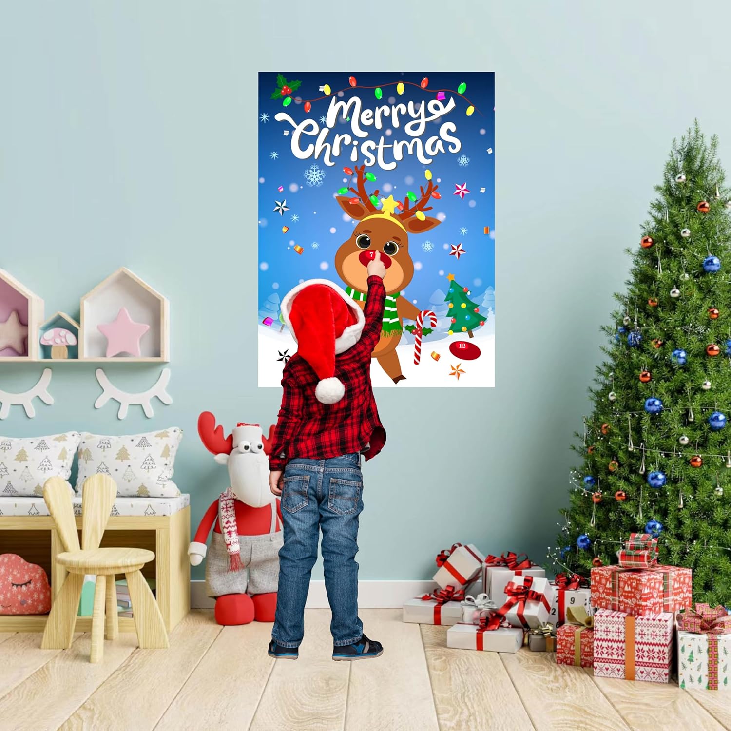 Pin The Nose On The Reindeer Christmas Party Games For Kids Xmas Activities Holiday Party Game With 24Pcs Nose Stickers Pin The Tail Christmas Party Favors Supplies For Adults