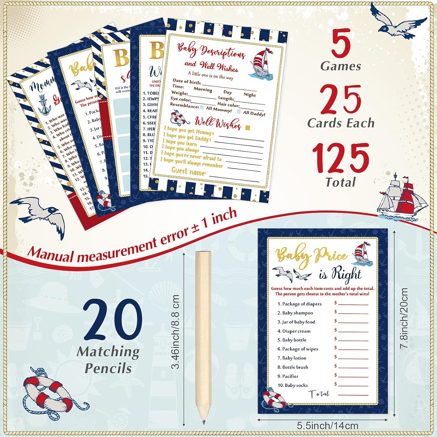 145 Pieces Nautical Baby Shower Games With 5 Games Set And 20 Pencils Baby Shower Games Activities Includes Baby Descriptions Predict Who Price Is Right Word Scramble For Baby Shower Party