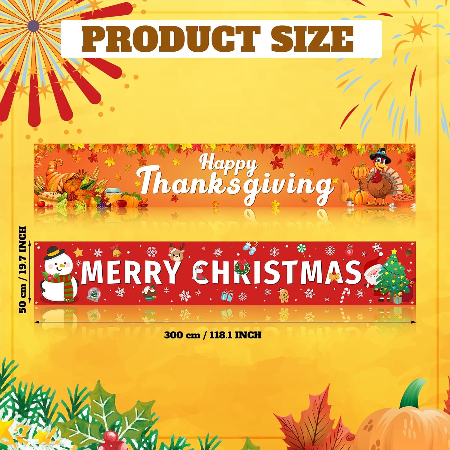 2 Pcs Large Happy Thanksgiving Merry Christmas Banner Decorations Outdoor 120 X 20 Inch Fall Autumn Party Snow Yard Xmas Holiday Supplies Home Decor For Garden House Garage Porch Indoor Gifts