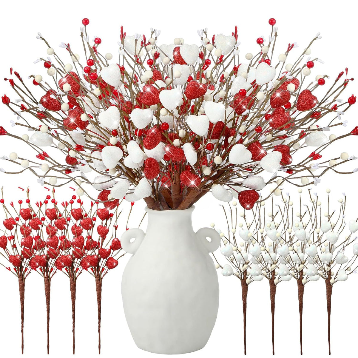 8 Pack Valentine'S Day Artificial Glitter Berry Flower Stems Heart Shaped Berry Picks 16 Inch Stems Valentine'S Day Gifts Flower For Party Wedding Decor(Red, White)