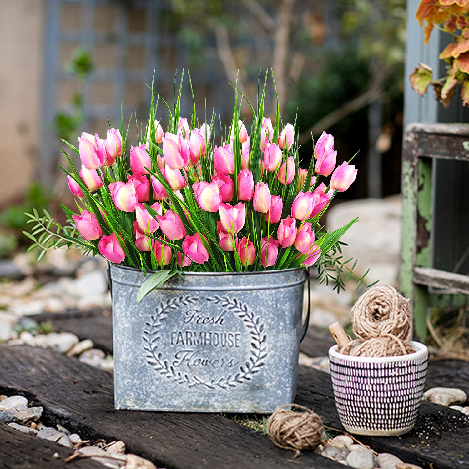 8 Bundles Outdoor Artificial Tulips Fake Flowers Uv Resistant Faux Plastic Greenery Shrubs Plants For Home Outside Garden Porch Window Farmhouse Decor (Light Pink)