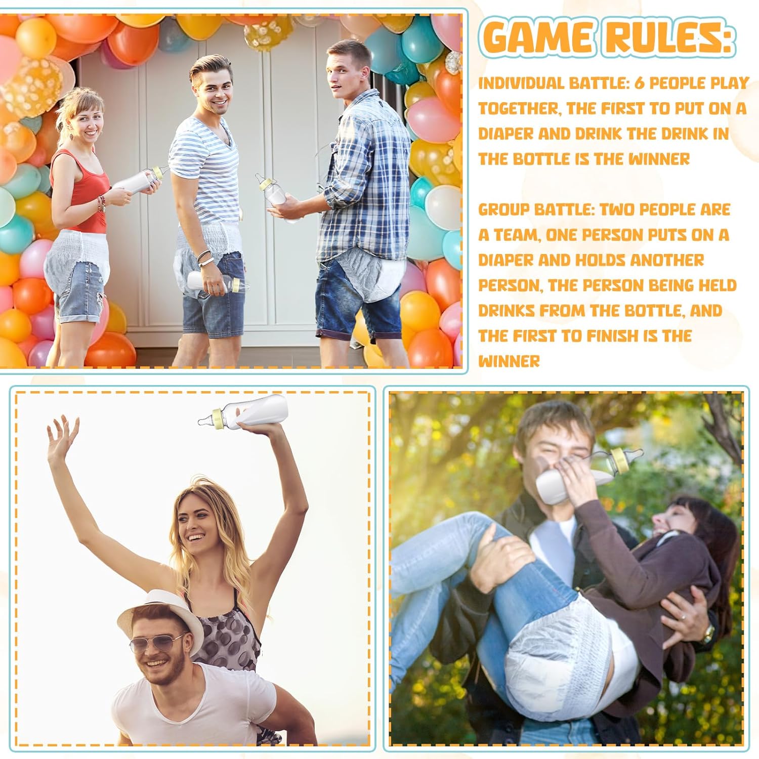 6 Sets Funny Plastic Bottle Chug Baby Shower Games Juegos Para Plastic Baby Bottles Disposable Diapers Gender Reveal Race Gifts Diaper Feed Me Game Decoration For Boys Girls (Transparent White)