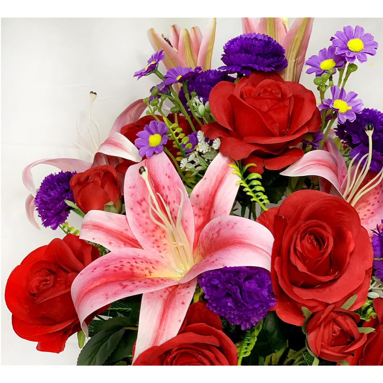 Artificial Cemetery Flowers With Vase, Artificial Rose Lily Carnation Bouquet, Graveyard Memorial Flowers For Cemetery Headstones Decoration