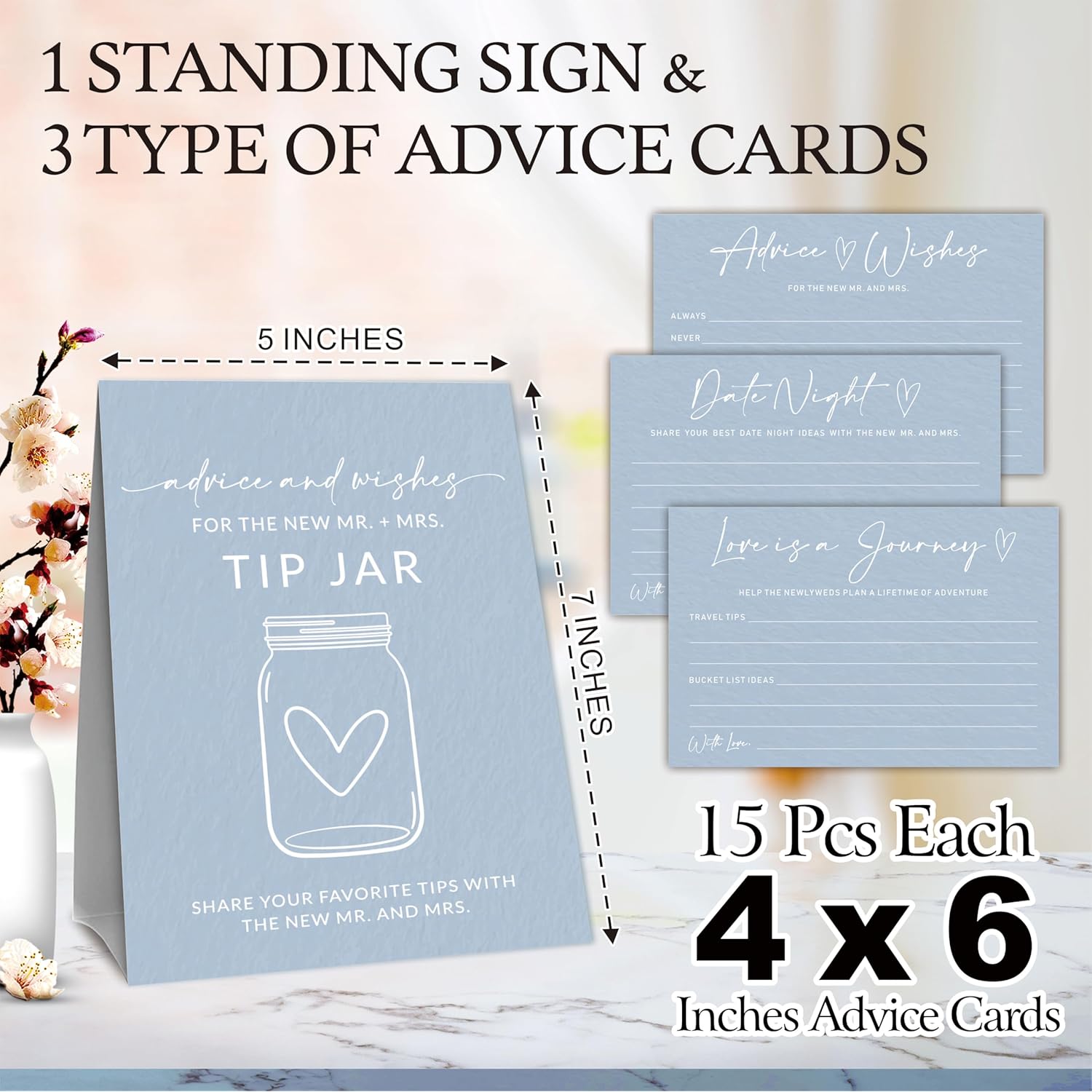 Advice & Wishes Card Kit - 1 Standing Sign & 3 Type Of Advice Cards (15Pcs Each) For Newlyweds, Engagement, Bride & Groom, Date Night Cards, Love Is A Journey, Wedding Party Supplies (Blue) - C02