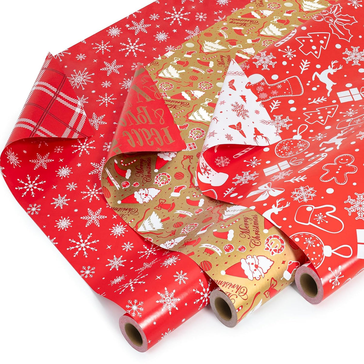 Small Christmas Gift Wrapping Paper Rolls,3 Rolls 17Inches X 198Inches Reversible Gift Wrapping Paper, Red Gold White Wrapping Paper, Snowflakes, Stripes, Plaid, Santa Hat, Christmas Decorations
