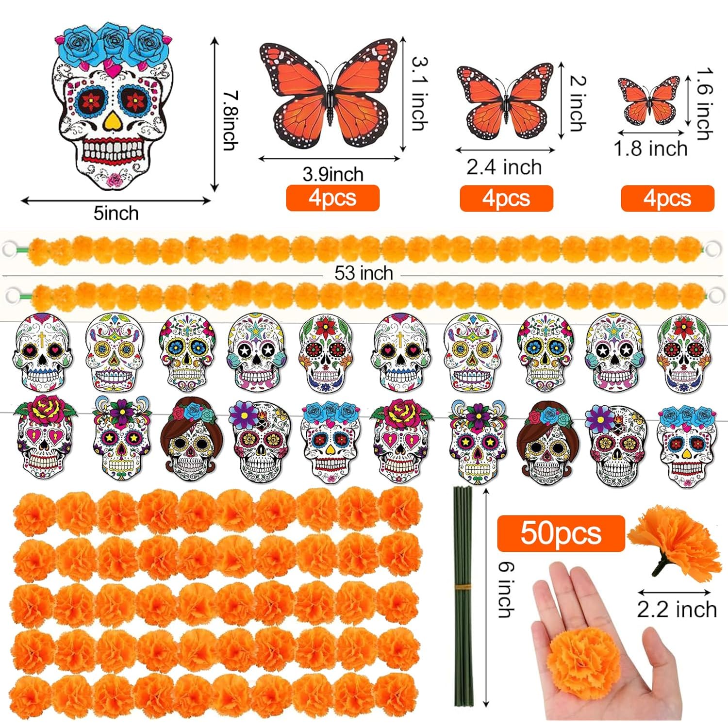 66Pcs Day Of The Dead Decorations Set - 2 Marigold Garland, 50 Artificial Marigold Flowers With Stems & 12 Monarch Butterfly Decoration For Dia De Los Muertos Indian Diwali Altar Decor