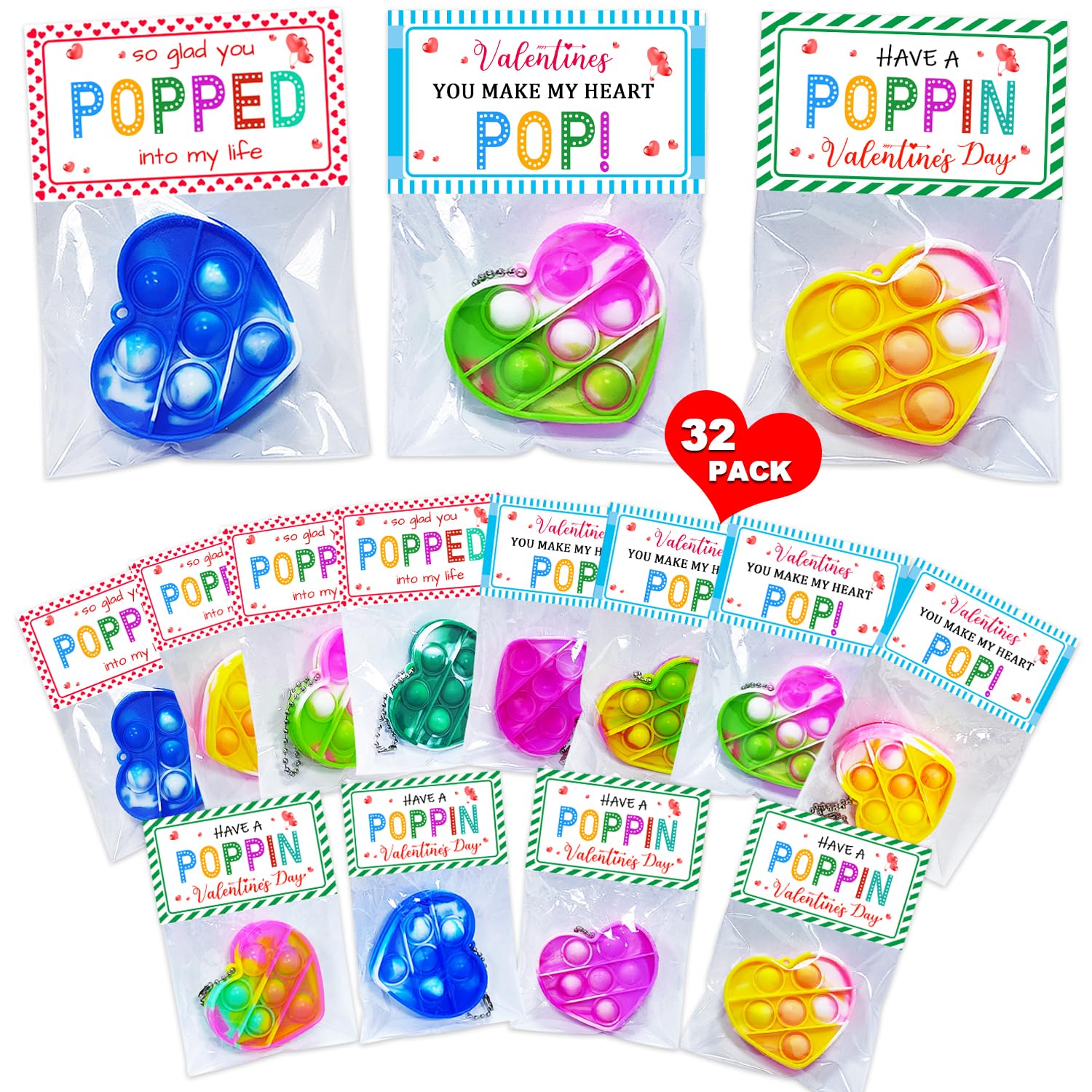 32 Pack Valentines Day Cards For Kids School, Pop It Valentines Cards For Kids, Classroom Bulk Gifts With Keychains Cards, Perfect For School Party Favors Class Exchanges