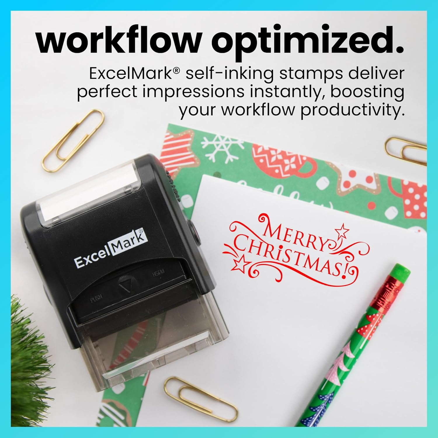 Self-Inking Christmas Rubber Stamp - Merry Christmas - Prints In Red Ink