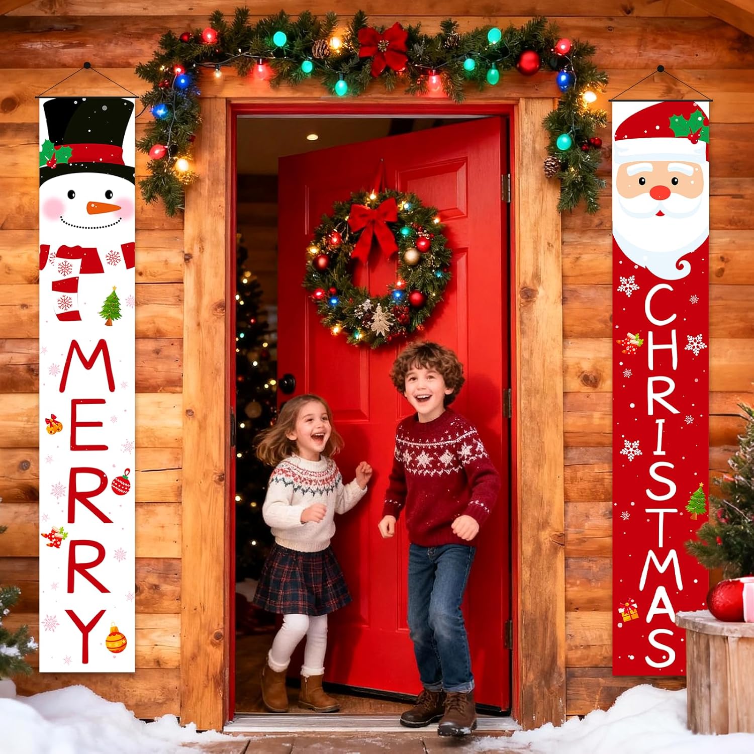 Christmas Outdoor Yard Banner | 2Pc Red White Santa Snowman Hanging Banner | Front Porch, Home, Indoor Outdoor, Garage Door, 71X13 Inches