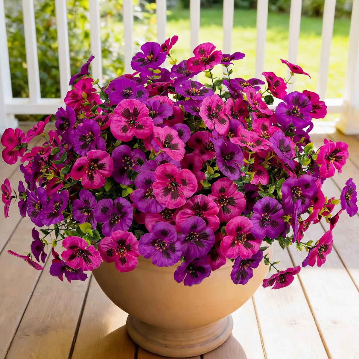 12 Piece Outdoor Artificial Flowers Fake Pansies -Two-Tone Faux Flowers Per Stem, Uv Resistant For Indoor Outdoor Porch Garden Planters Patio Window Box Home Decor(Light Purple Fuchsia)