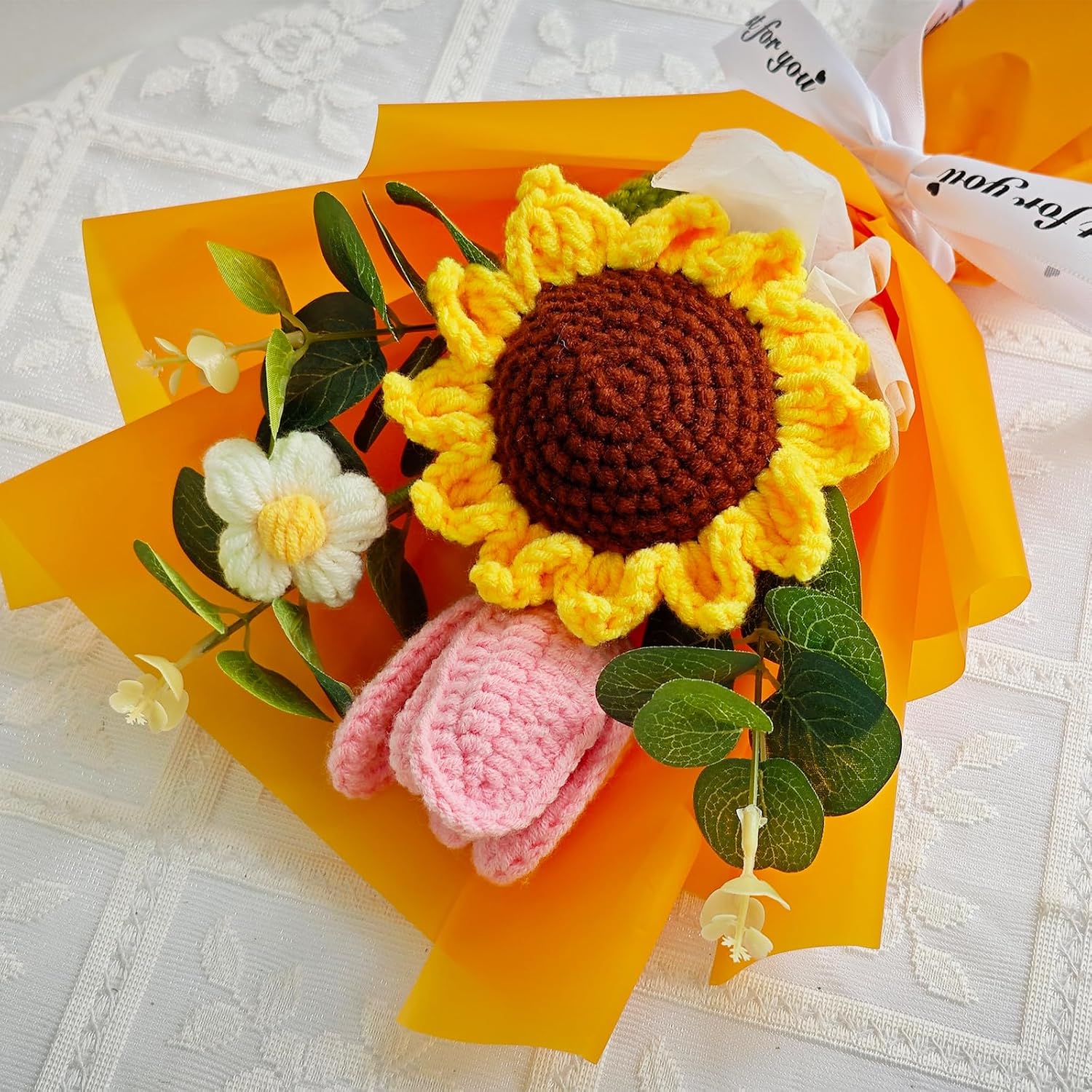 Crochet Flowers Bouquet, Knitted Sunflower For Mothers' Day, Handmade Artificial Flowers Bouquet Home Decor Gift For Women Father Christmas, Birthday Wedding Teacher’S Day Graduation