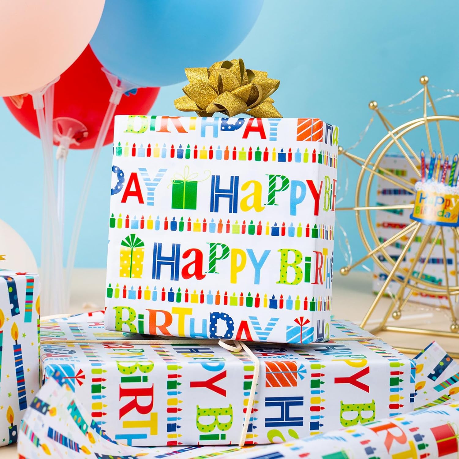 Birthday Wrapping Paper Roll - Colorful Happy Birthday Lettering & Candles, Reversible Design For Baby Shower, Party - Mini Roll - 17 Inch X 33 Feet
