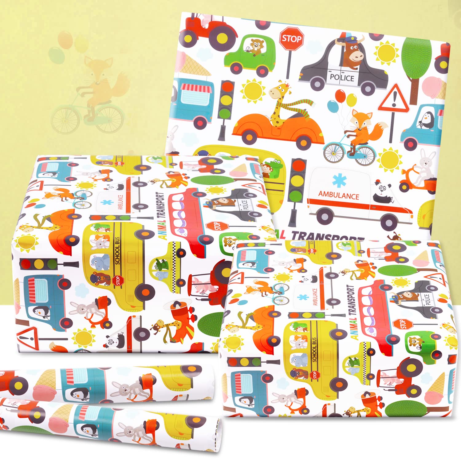 Birthday Wrapping Paper For Kids Boys Girls, Animal Transport Design Gift Wrapping Paper, Cartoon Animals 6 Sheets Folded Flat 20X28 Inches Per Sheet For Birthday Baby Shower