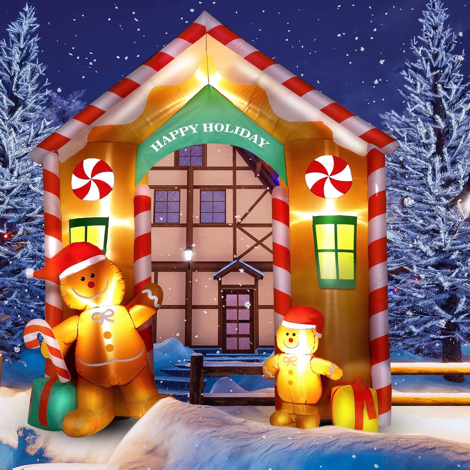 9.97 Ft Inflatable Christmas Arch Outdoor Decoration Blow Up Gingerbread Man Cookie House And Peppermint Decor With Led