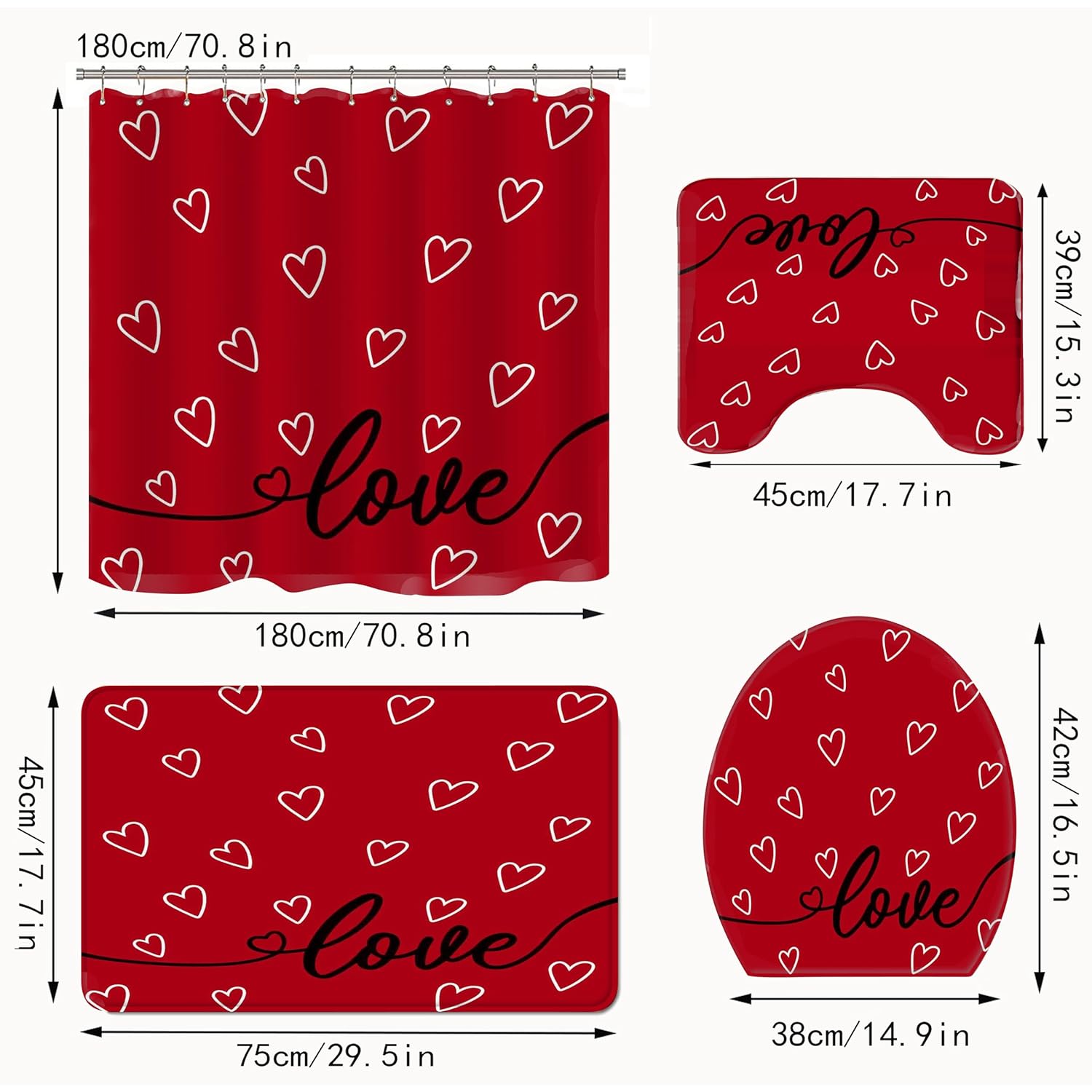 4Pcs Valentine'S Day Shower Curtain Set Love Heart Shower Curtain For Valentine'S Day Bathroom Decor With Anti-Slip Waterproof Bathtub Bathroom Rugs Toilet Lid Cover (Red)