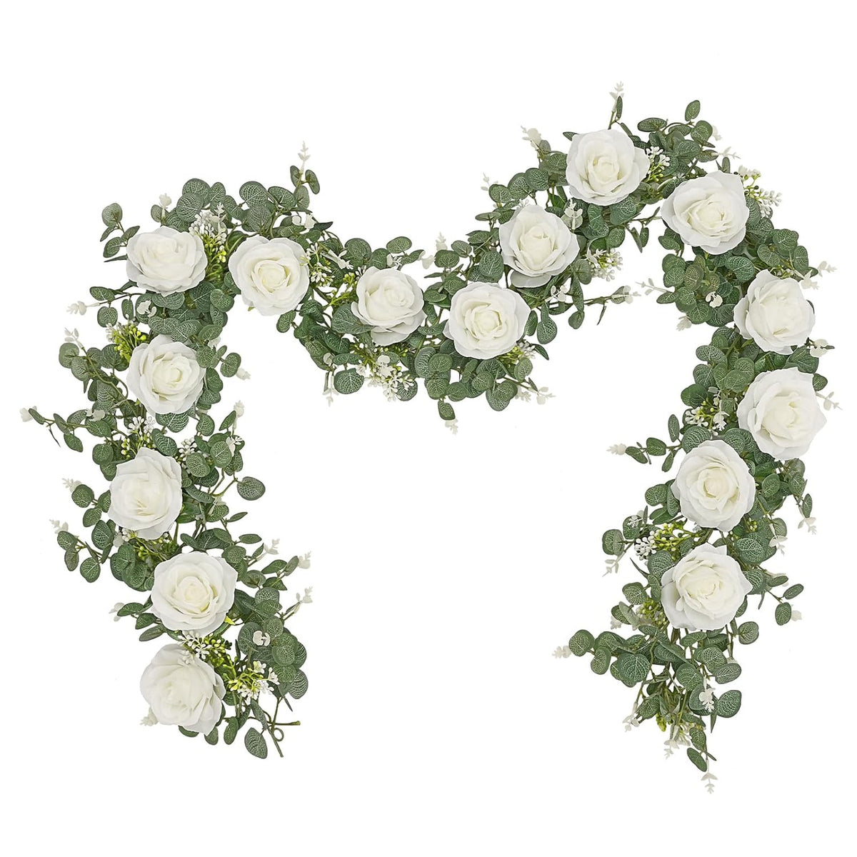 2Pcs 13Ft Artificial Eucalyptus Garlands With Flowers - 8 Roses, Faux Floral Greenery Garlands Fake Flowers Vines For Wedding Table Centerpieces Arch Party Ceremony Backdrop Decor (White)
