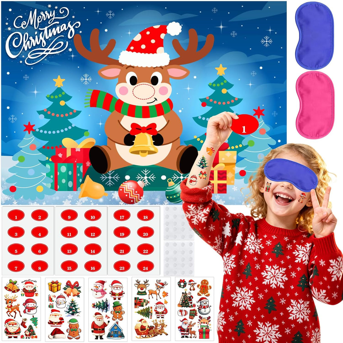 Christmas Party Games For Kids & Family Christmas Pin The Tail Games For Kids Pin Nose On Reindeer Games Includes Christmas Poster Christmas Tattoo Stickers Red Nose Stickers Eye Masks