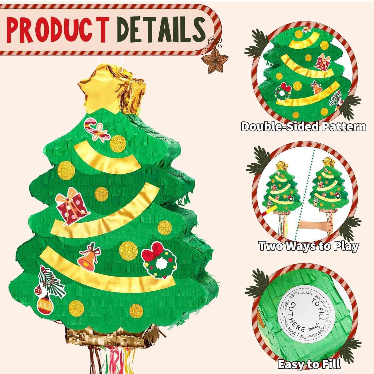 Christmas Tree Pinata - Christmas Decorations Xmastree Party Game For Kids Festival Party Decor Supply Green Tree Design Merry Xmas Favor Pull String With Blindfold Bat 16.5” X 12.4”