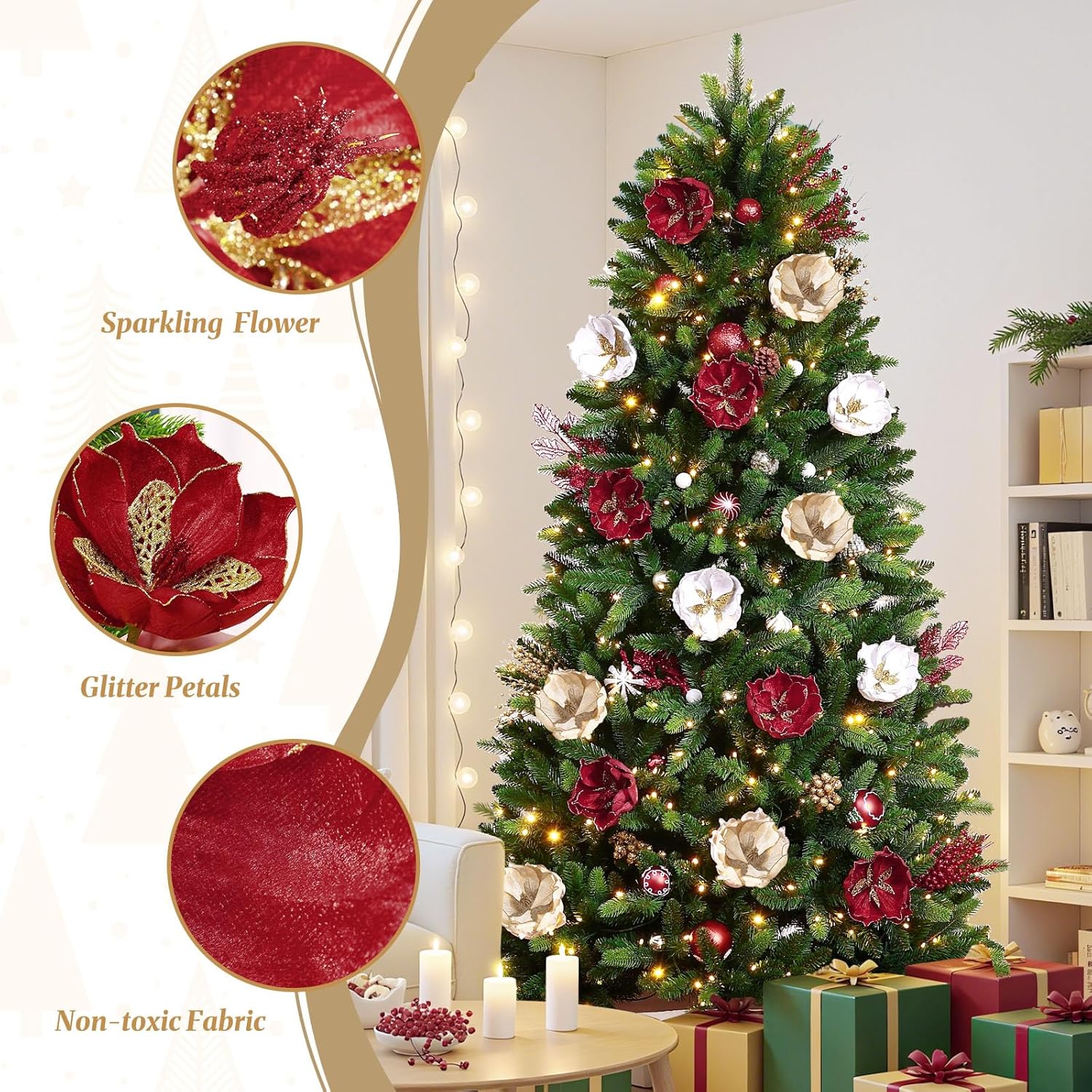16 Pcs Poinsettia Christmas Flowers Artificial, Glitter Magnolia Poinsettia Flowers Artificial, Sparkling Christmas Decorations For Xmas Tree Party Wreath Fireplace, Burgundy