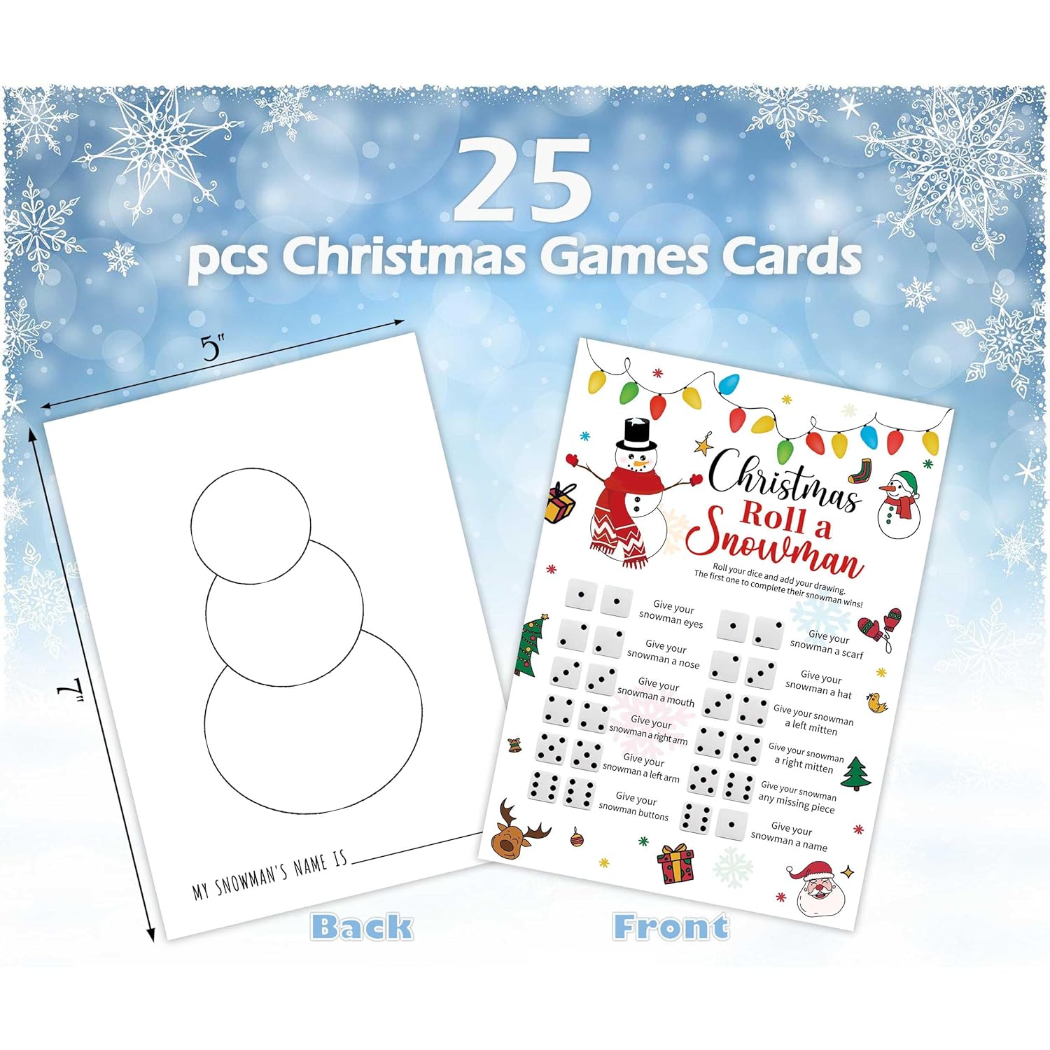 Roll A Snowman Game, Dice Games For Friends, Christmas Card Game, Christmas Games For Friends Party, Xmas Party Favors Supplies For Xmas Festival Activity, 25 Christmas Game Cards,5