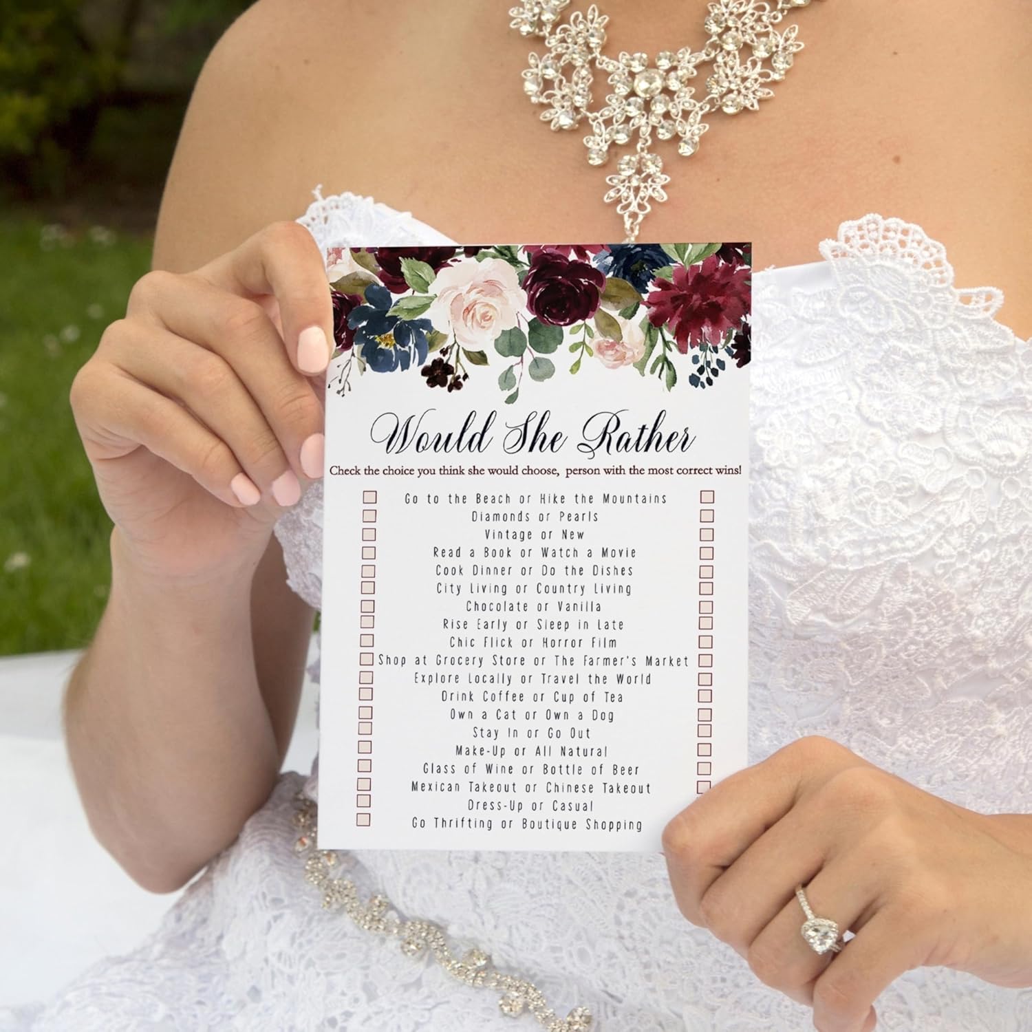 Blue Floral Bridal Shower Games - 25 Cards - Would She Rather - Rustic Burgundy Design For Bridal Showers, Wedding Receptions & Birthday Activities - 5X7 Pack Who Knows The Bride Best