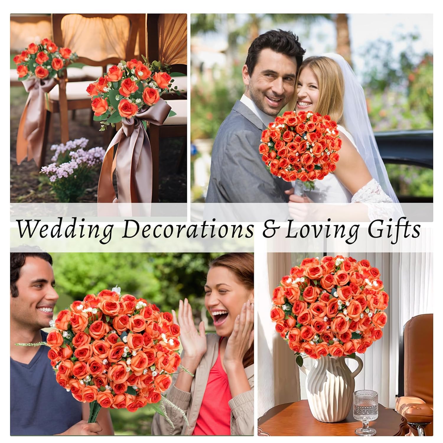 6-Pack Orange Silk Rose Bouquets, 60 Roses Artificial Flowers Heads With Faux Baby'S Breath Stems Leaves, Fake Roses For Wedding Bouquets, Centerpieces & Home Table Décor