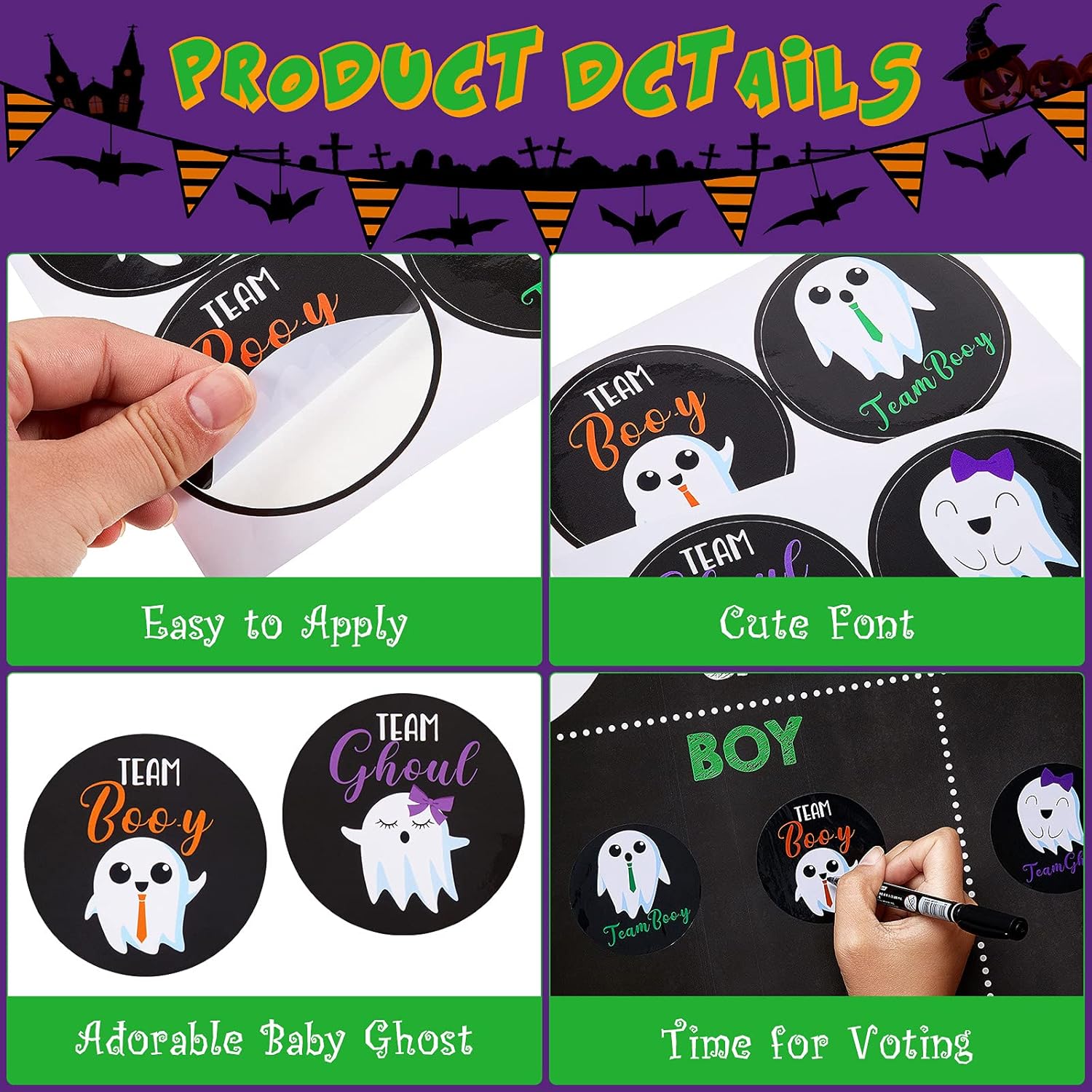 72 Pieces Halloween Gender Reveal Stickers Ghost Team Stickers With 1 Piece Halloween Gender Reveal Voting Game Poster Sign Kit For Party Decor Supplies