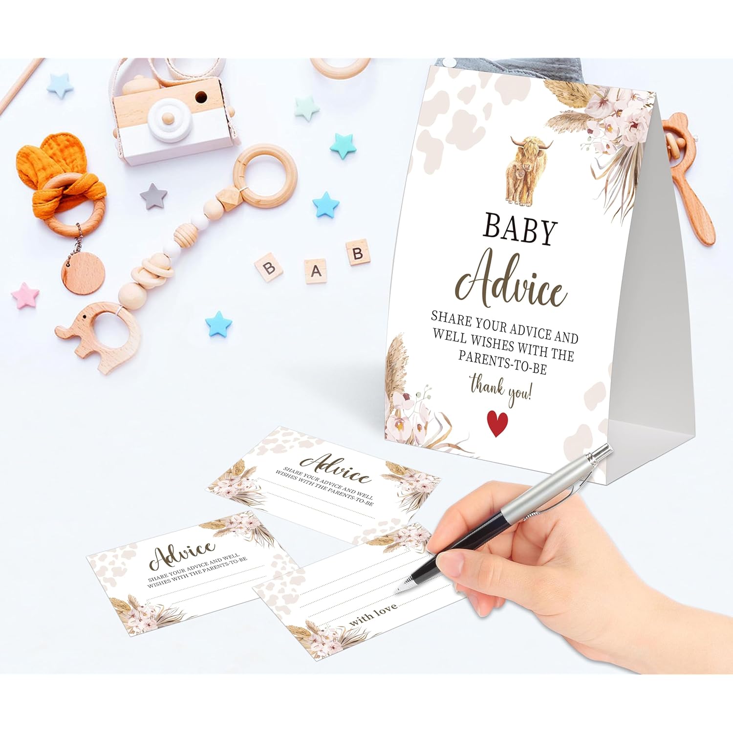 Boho Cow Advice For The Parents-To-Be, Pack Of One 5X7 Sign And 50 Advice Cards, Cow Baby Shower Decoration, Gender Neutral Party Supplies - Ac05