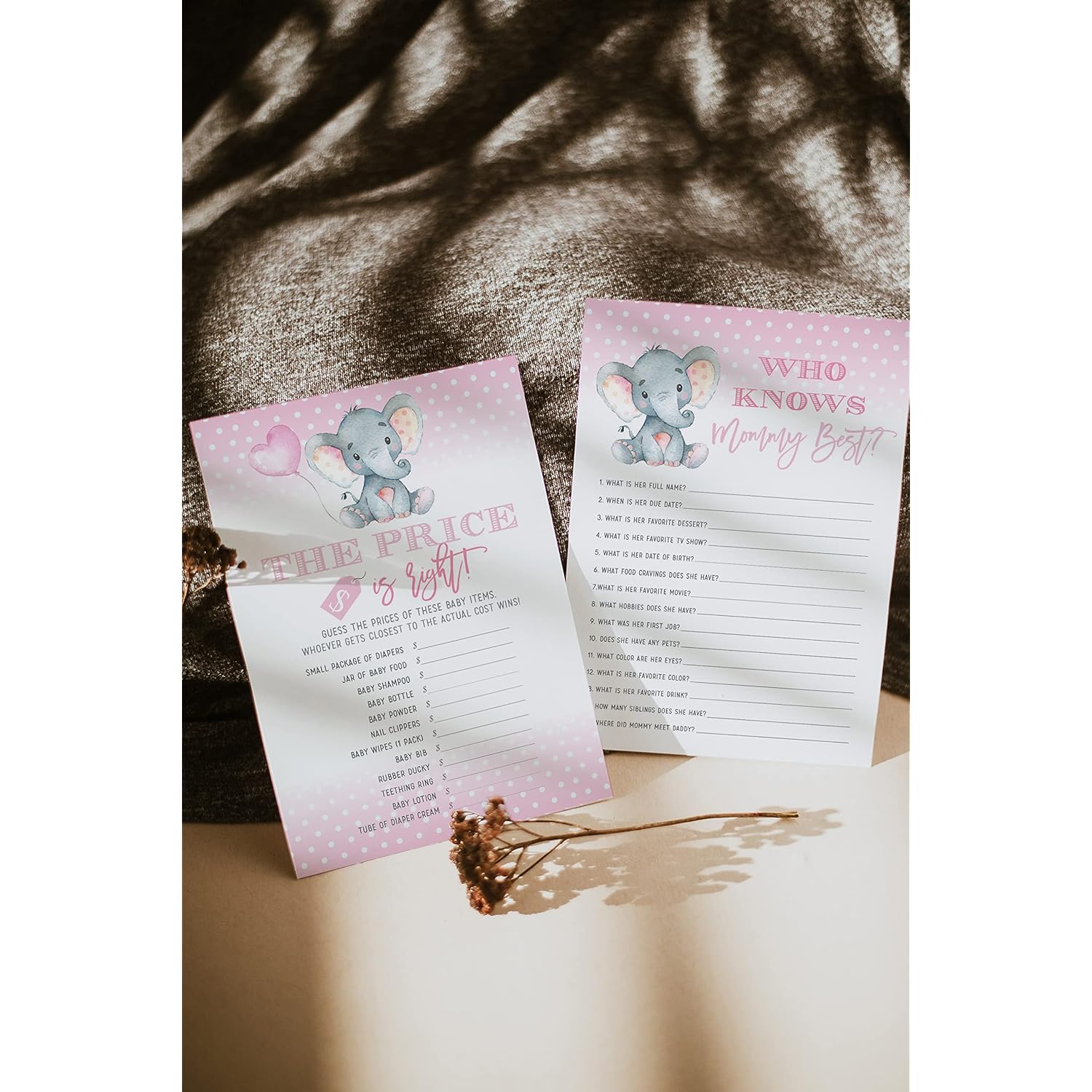 Elephant Girl Baby Shower Games - Bingo, Find The Guest, The Price Is Right, Who Knows Mommy Best - 25 Games Each, Printed Front And Back, 1 Game Per Side