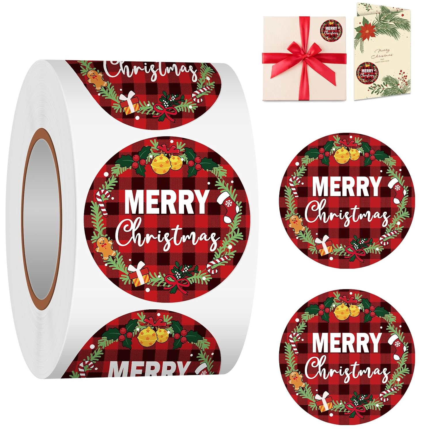 Merry Christmas Label Stickers Roll, 1.5 Inch 500 Pcs Round Red And Black Buffalo Plaid Christmas Wreath Happy Winter Holiday Stickers For Xmas Cards Gift Favors Decoration Sealed Envelopes